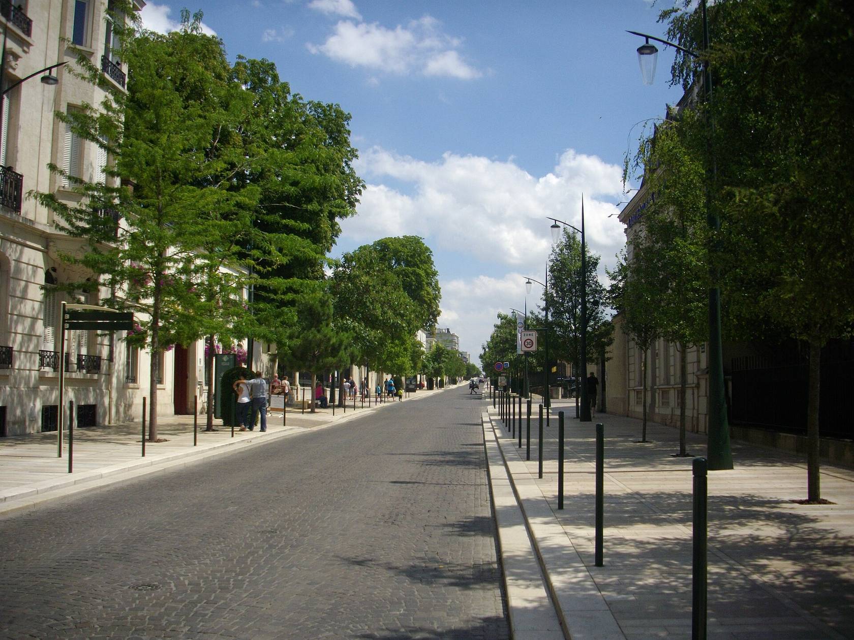 L’Avenue de Champagne à Épernay, chaussée pavée et rectiligne, bordée d’arbres, de réverbères et de façades de maisons de champagne