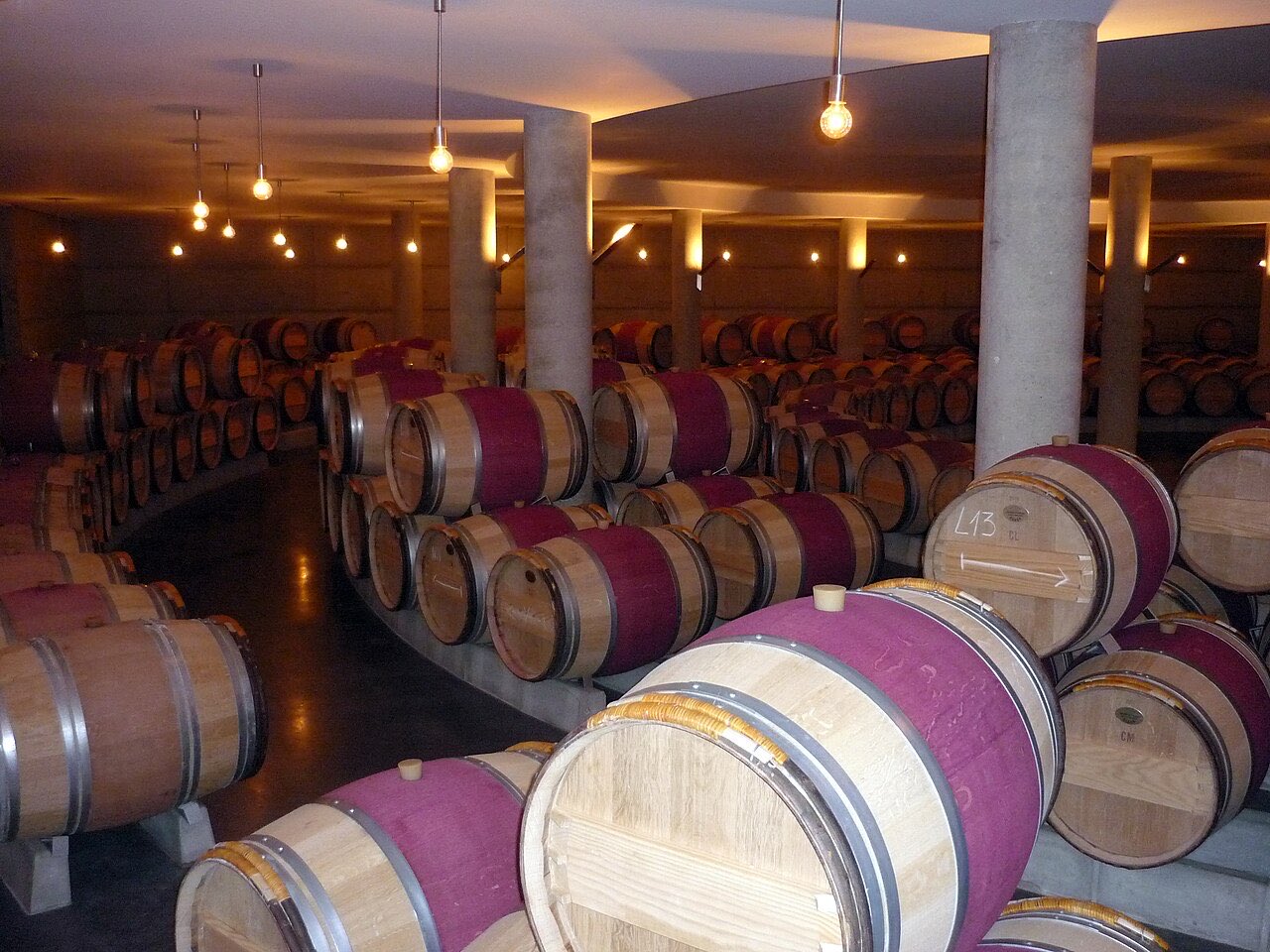 Fûts de chêne alignés dans le chai d’un château de Pomerol