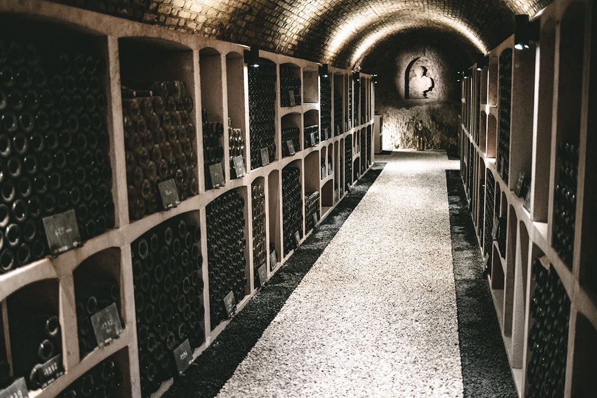 Une galerie voûtée des caves du Domaine Gosset à Épernay, bouteilles rangées en niches