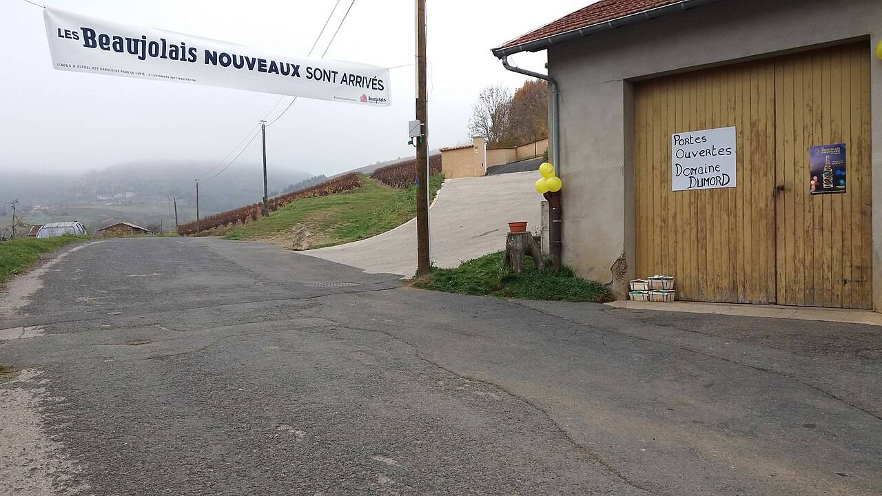Une banderole «&nbsp;Les Beaujolais nouveaux sont arrivés&nbsp;» tendue au-dessus d’une rue, devant la porte d’un domaine