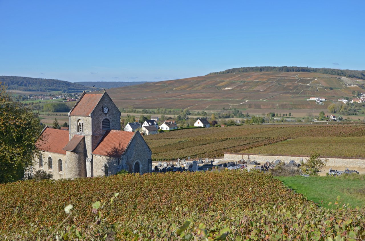 L’église de Courthiézy entourée de vignes en automne, dans la vallée de la Marne