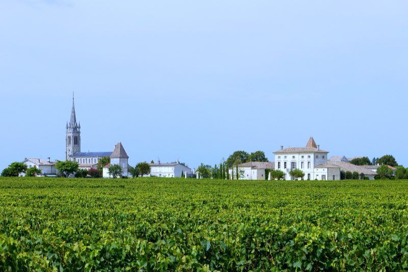 Le vignoble de Pomerol au premier plan, avec le clocher de l’église Saint-Jean et le bourg